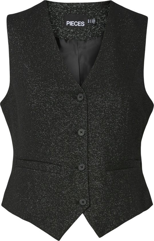 Zwarte, glinsterende gilet met V-hals, vier knopen en borstzakken, met merklabel.