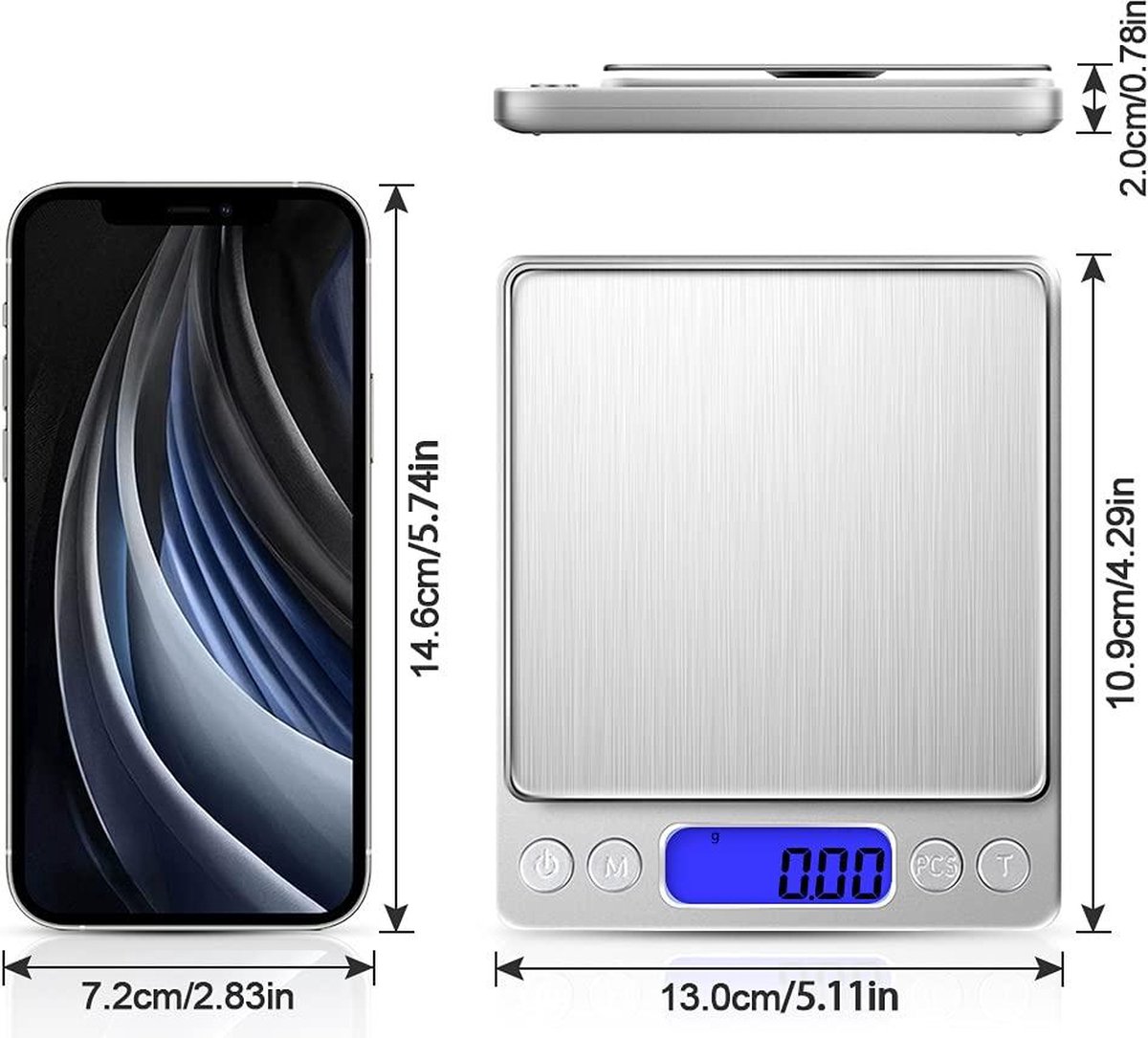 Diyife Precisieweegschaal, 500 g/0,01 g, brievenweegschaal, zakweegschaal, hoge precisie, lcd-display met achtergrondverlichting, keukenweegschaal met tarra -functie en pcs, met 2 bakjes en batterijen