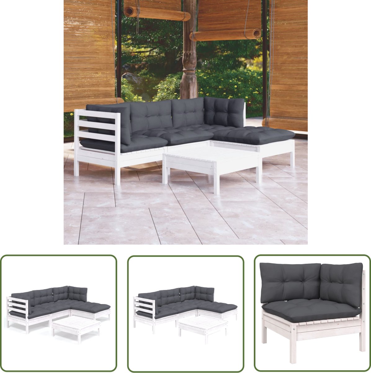The Living Store 5-delige Loungeset met kussens grenenhout wit - Loungeset - Tuinset - Tuinmeubelen - Grenenhout - Lounge