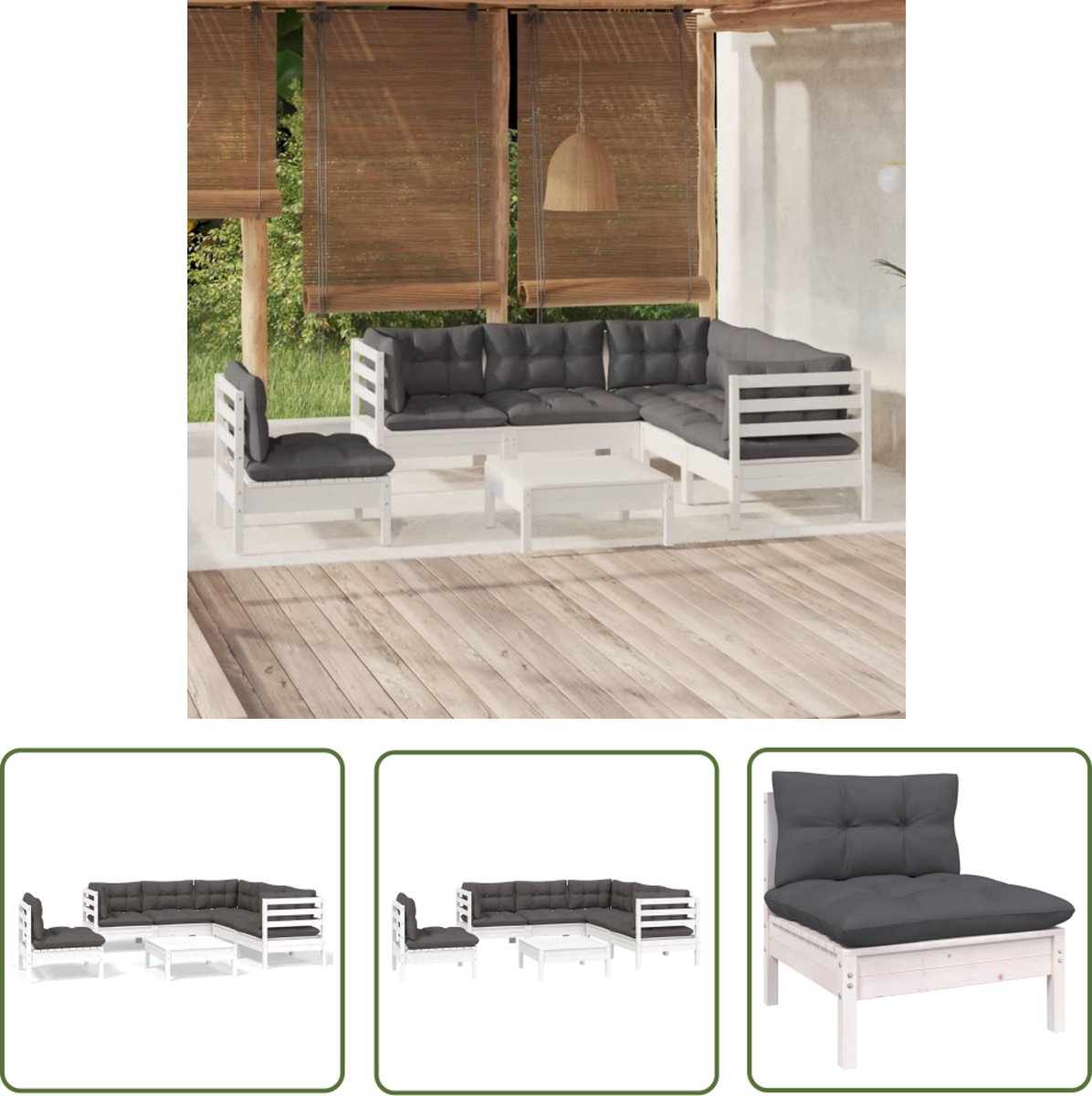 Loungeset met witte kussens van grenenhout - The Living Store.