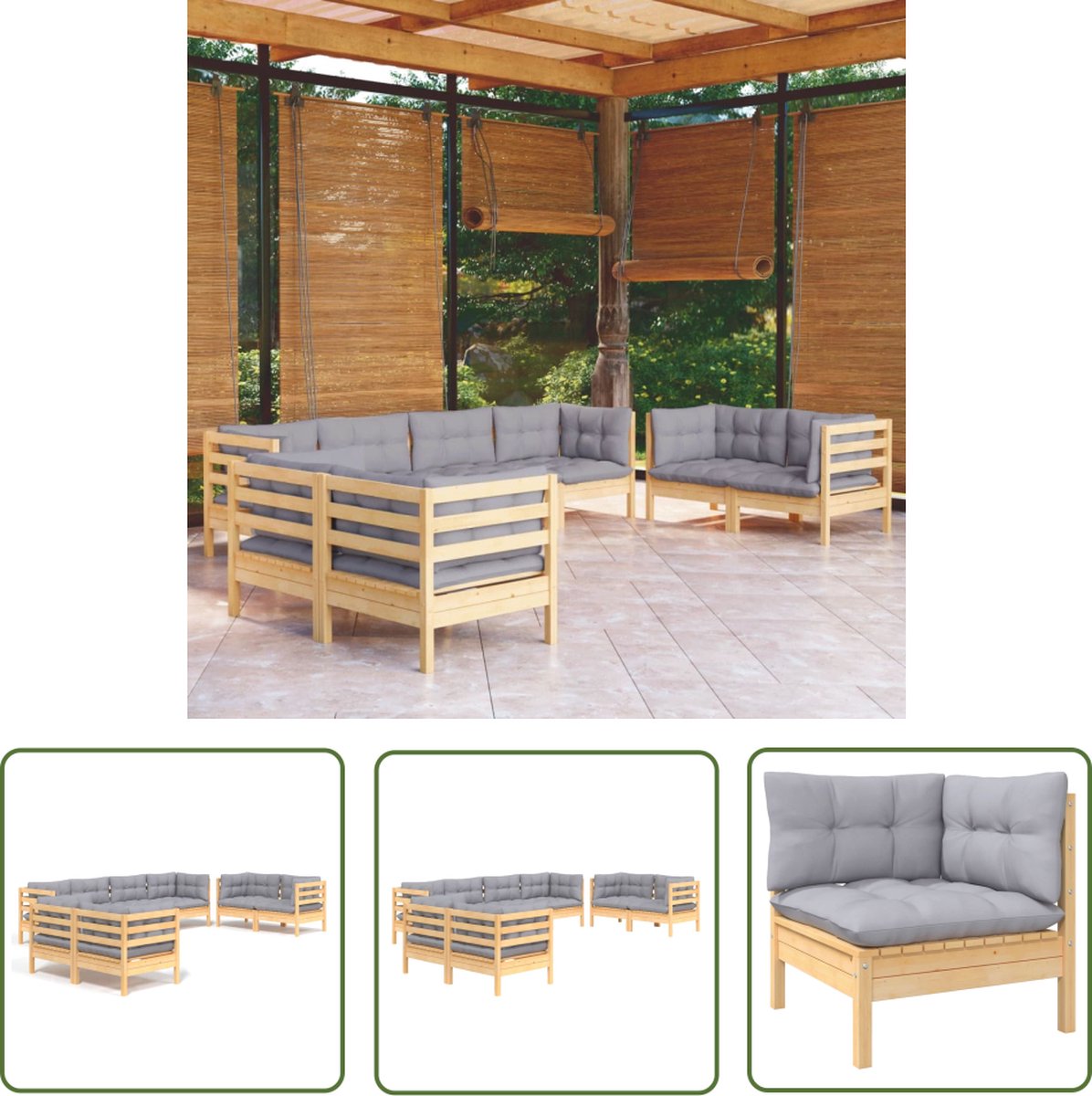 The Living Store 8-delige Loungeset met grijze kussens grenenhout - Loungeset - Tuinset - Houten Lounge - Grenenhout - Loungebank
