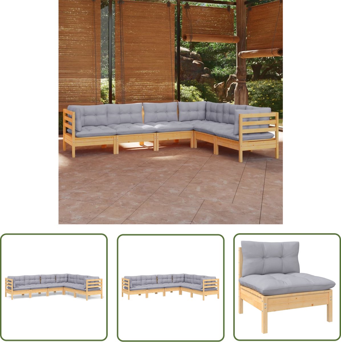 The Living Store 6-delige Loungeset met grijze kussens massief grenenhout - Loungeset - Tuinset - Houten Lounge - Buitendecoratie - Balkon Decoratie