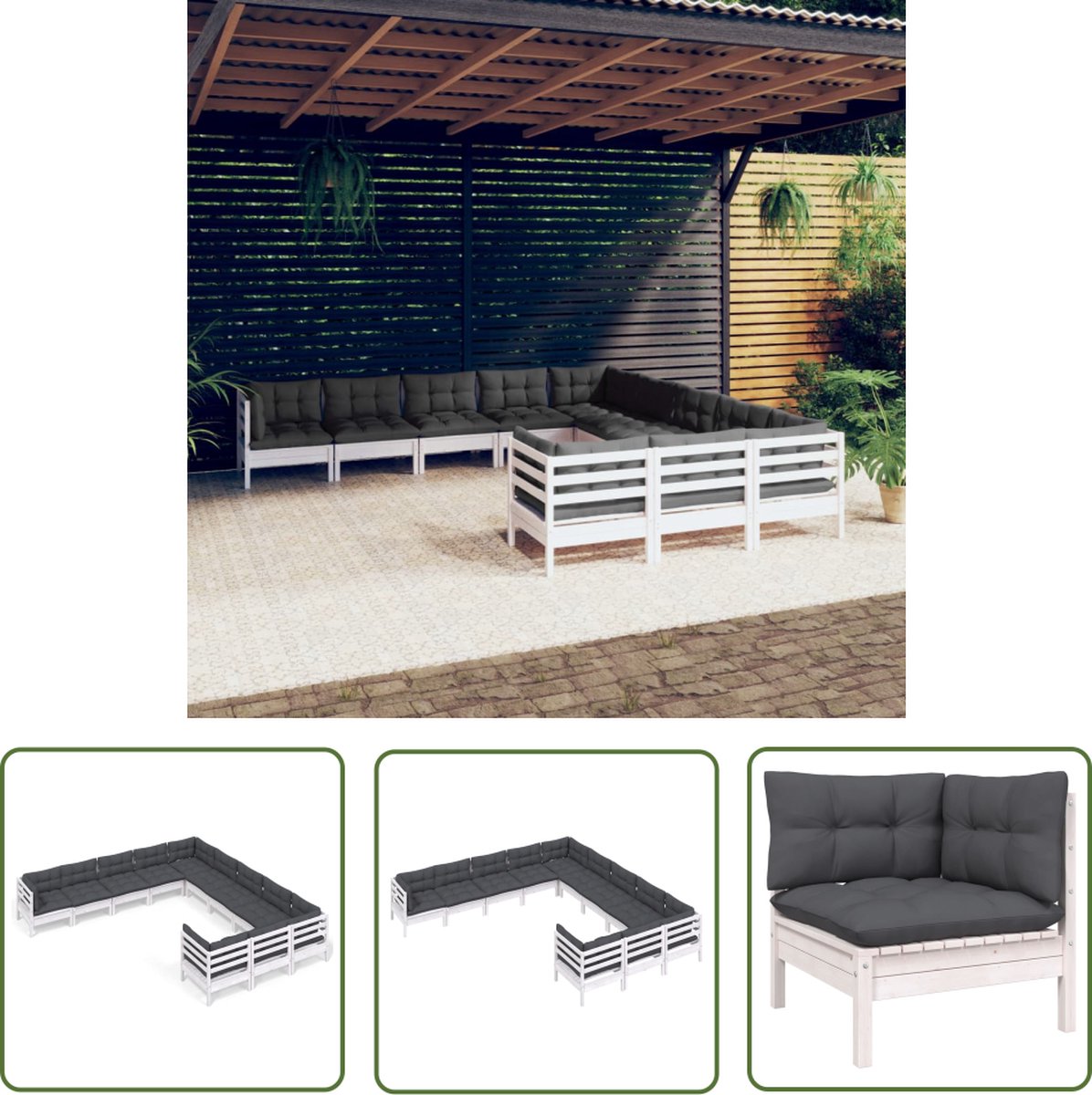 The Living Store 11-delige Loungeset met kussens grenenhout wit - Tuinmeubles - Lounge Set - Grenenhout Meubel - Loungebank - Buitendecoratie