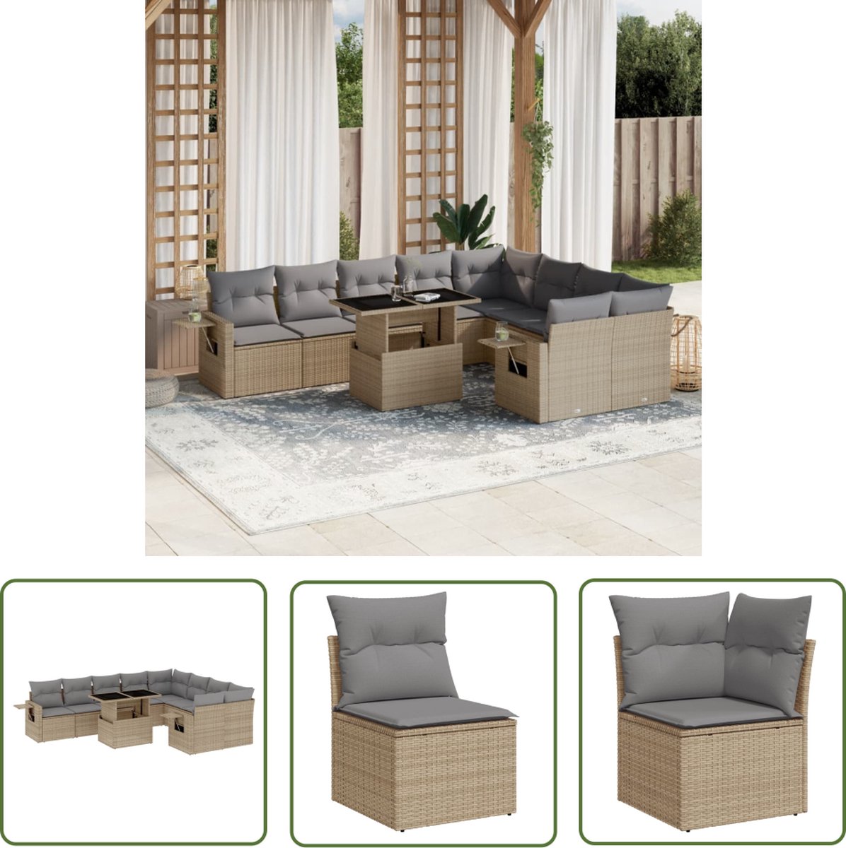 Poly rattan beige loungeset met kussens voor buiten - The Living Store.