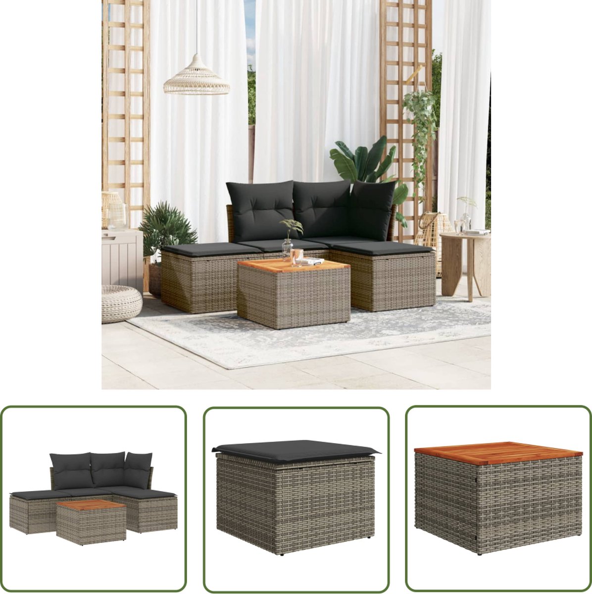 The Living Store 5-delige Loungeset met kussens poly rattan grijs - Loungeset - Lounge Set - Tuinlounge - Buitendining - Outdoor Furniture