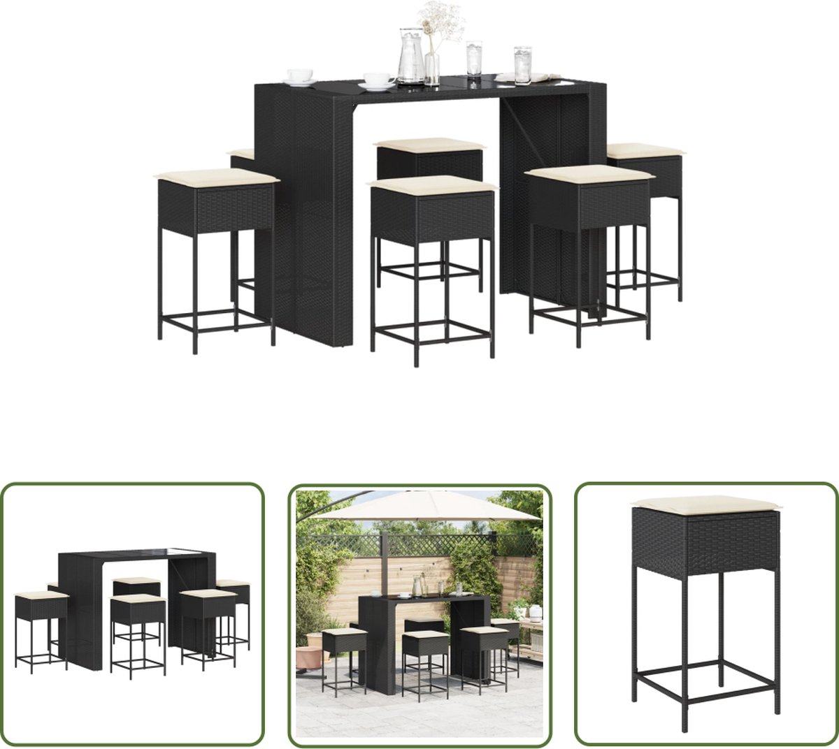 The Living Store 7-delige Tuinbarset met kussens poly rattan zwart - Tuinbarset - PE-rattan - Zwarte Tuinstoel - Buitentafels - Lounge Set