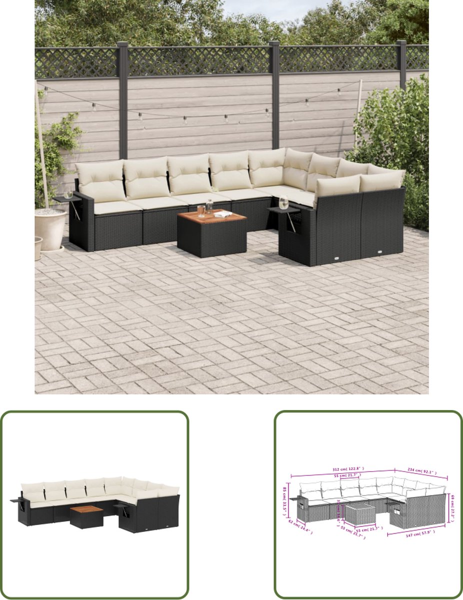 Tuinlounge set in zwart poly rattan met kussens - The Living Store.