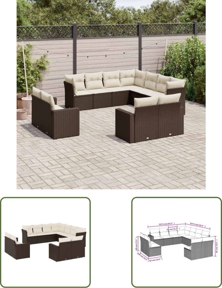 The Living Store 11-delige Loungeset met kussens poly rattan bruin - Loungebank - Lounge Set - Buis Meubel - Tuinstoel - Outdoor Furniture