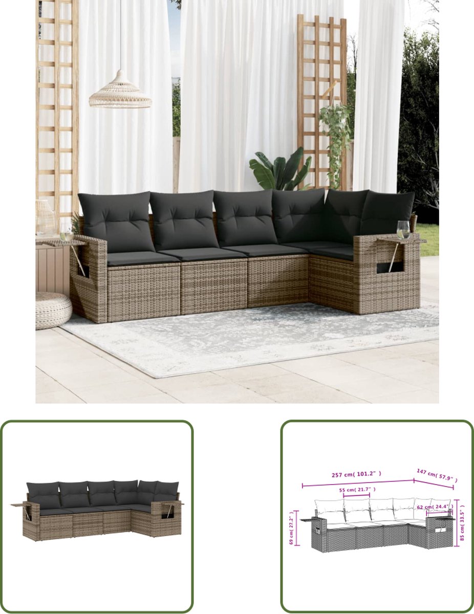 Grijze poly rattan loungeset met kussens voor buiten - The Living Store.