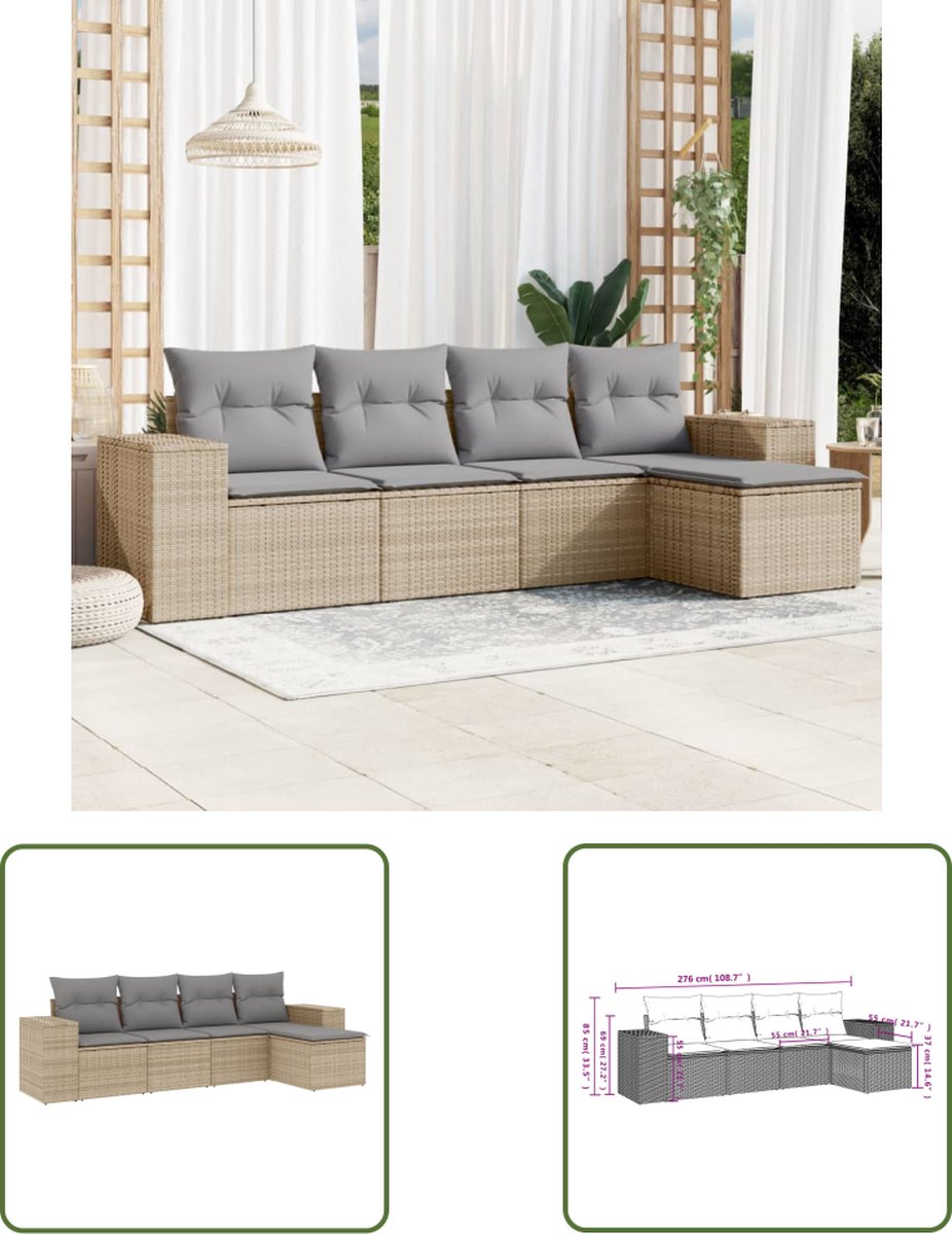 The Living Store 5-delige Loungeset met kussens poly rattan beige - Loungeset - Tuinmeubels - Lounge Set - Buitendining - Relaxen
