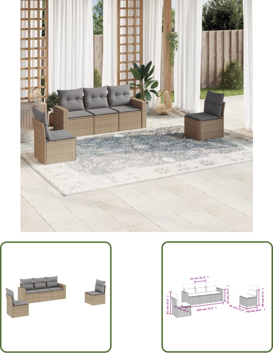 The Living Store 5-delige Loungeset met kussens poly rattan beige - Loungebank - Tuinset - Lounge Set - Buitendecoratie - Garden Furniture The Living Store 5-delige Loungeset met kussens poly rattan beige - Loungebank - Tuinset - Lounge Set - Buitendecoratie - Garden Furniture - Afbeelding 1
