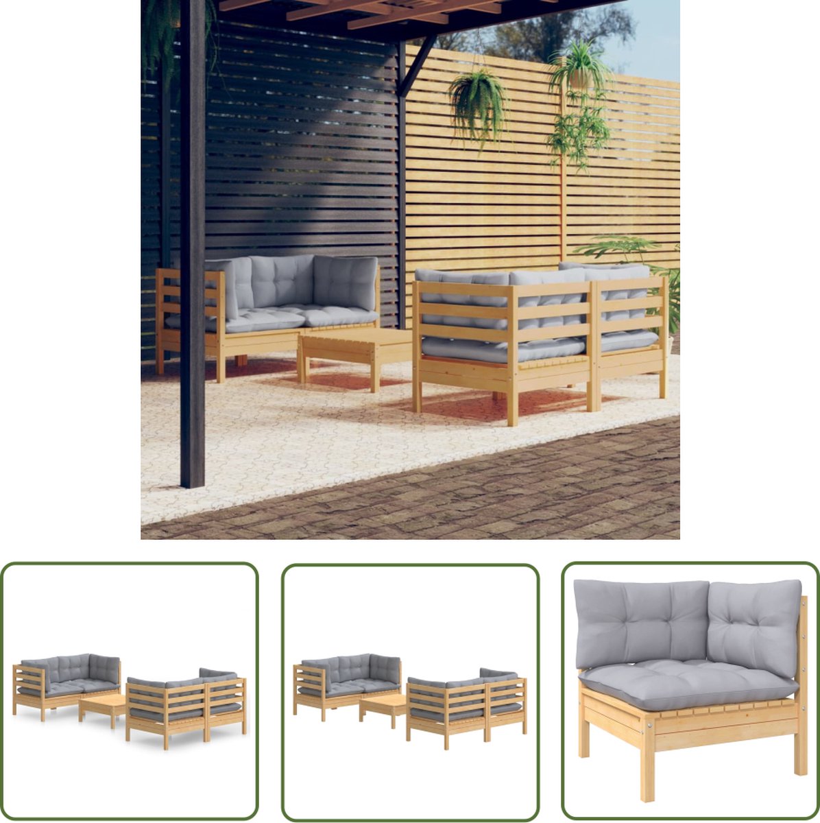 The Living Store 5-delige Loungeset met grijze kussens grenenhout - Loungeset - Tuinset - Houten Lounge - Balkon Meubel - Buis Stoffen Bank