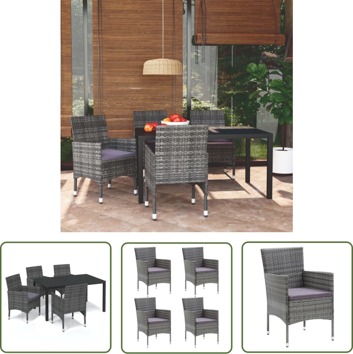 The Living Store 5-delige Tuinset met kussens poly rattan grijs - Tuinstoel - Tuinset - Lounge Set - Buitenshuis Eten - Terrassenset