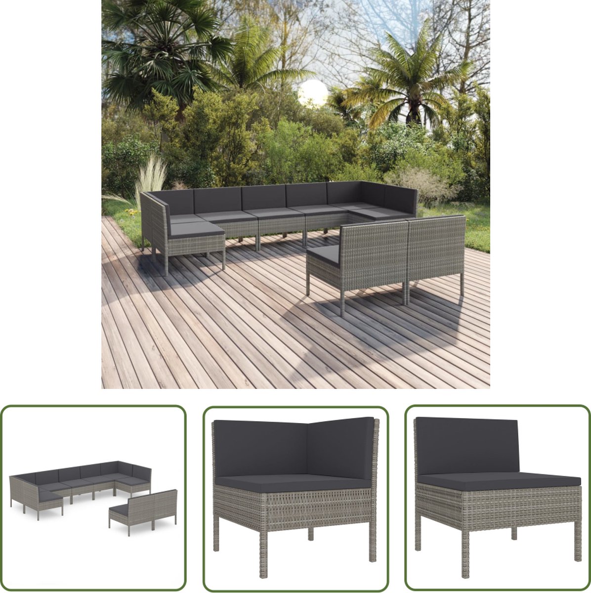 The Living Store 9-delige Loungeset met kussens poly rattan grijs - Loungebank - Tuinset - Buitendiner - Loungeset - Garden Furniture