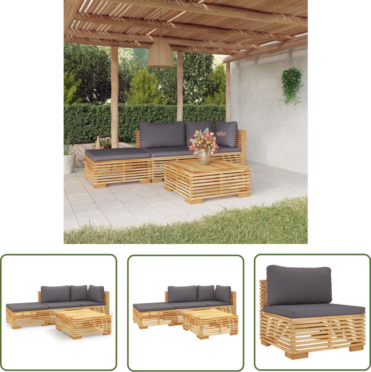 The Living Store 4-delige Loungeset met kussens massief teakhout - Loungeset Teak - Tuinset - Buitendecor - Lounge Stoel - Tuinstoel