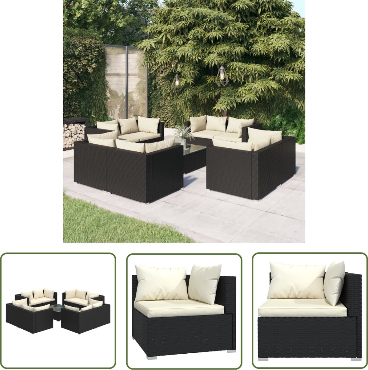 The Living Store 9-delige Loungeset met kussens poly rattan zwart - Tuinstoel - Lounge Set - Buitendecoratie - Poly Rattan - Outdoor Furniture