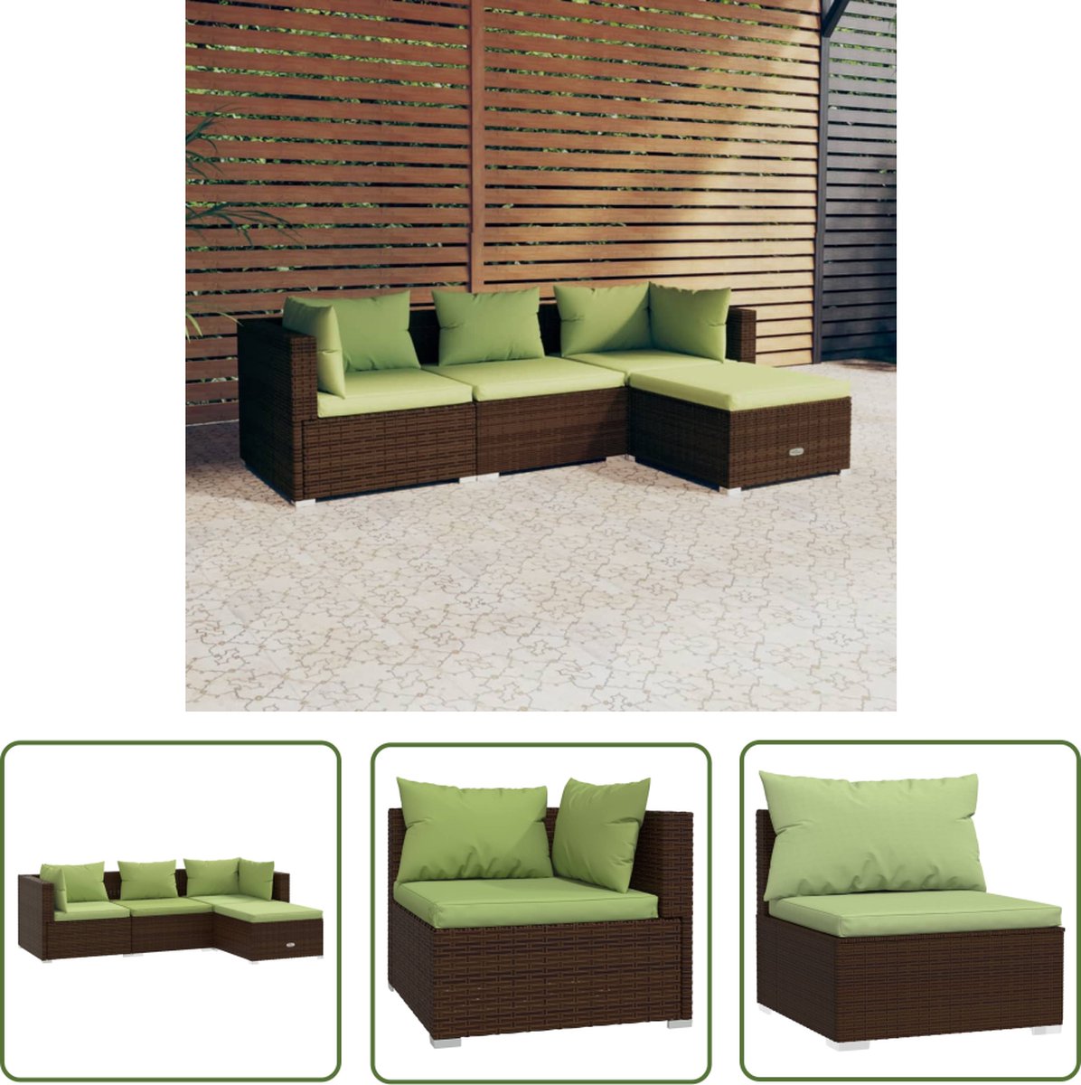 The Living Store 4-delige Loungeset met kussens poly rattan bruin - Loungeset - Lounge Set - Tuinlounge - Buisensets - Outdoor Furniture