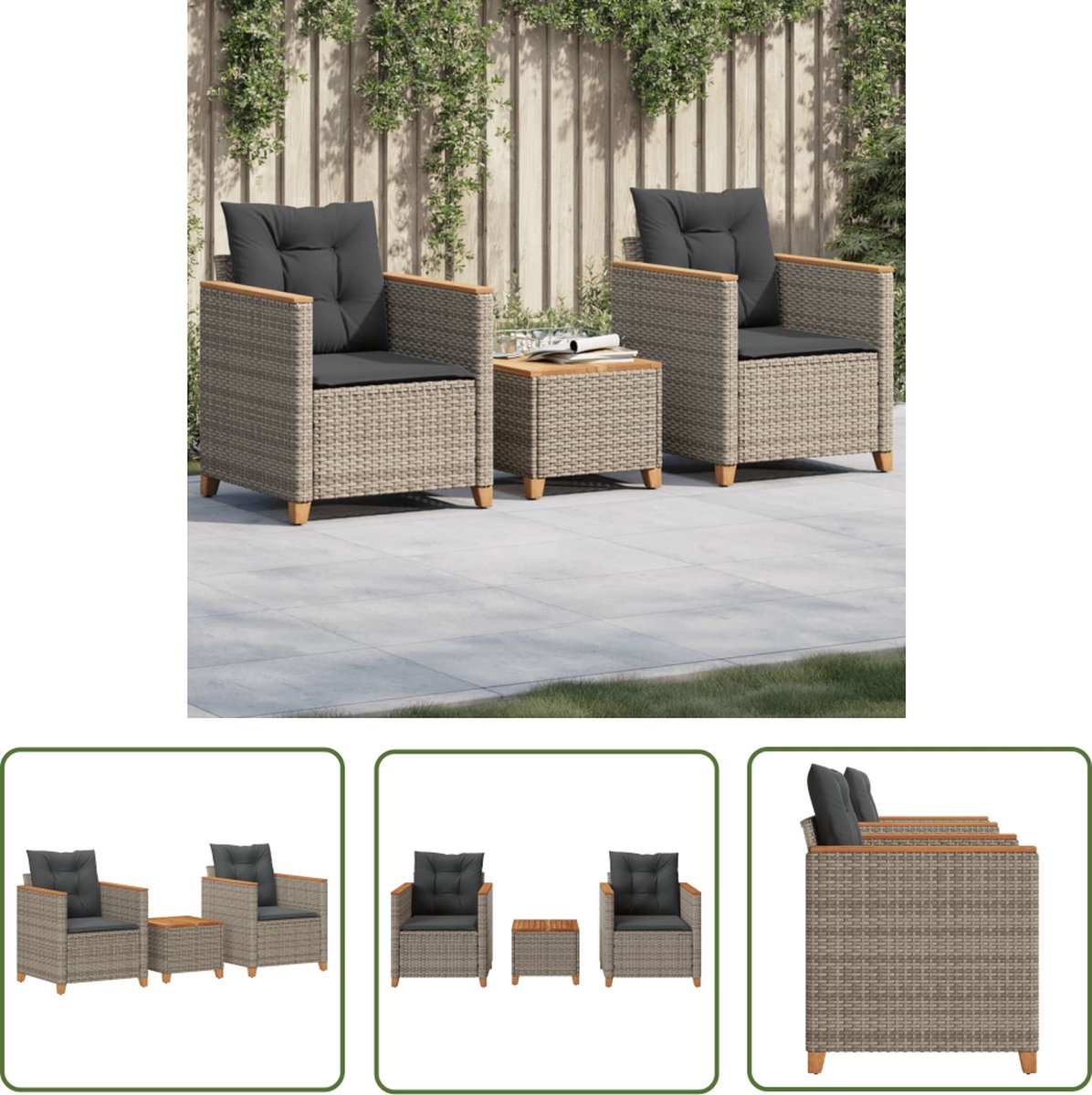 The Living Store 3-delige Bistroset met kussens poly rattan en acaciahout grijs - Tuinsets - Bistroset - Buitendecoratie - Poly Ratan - Acacia Hout