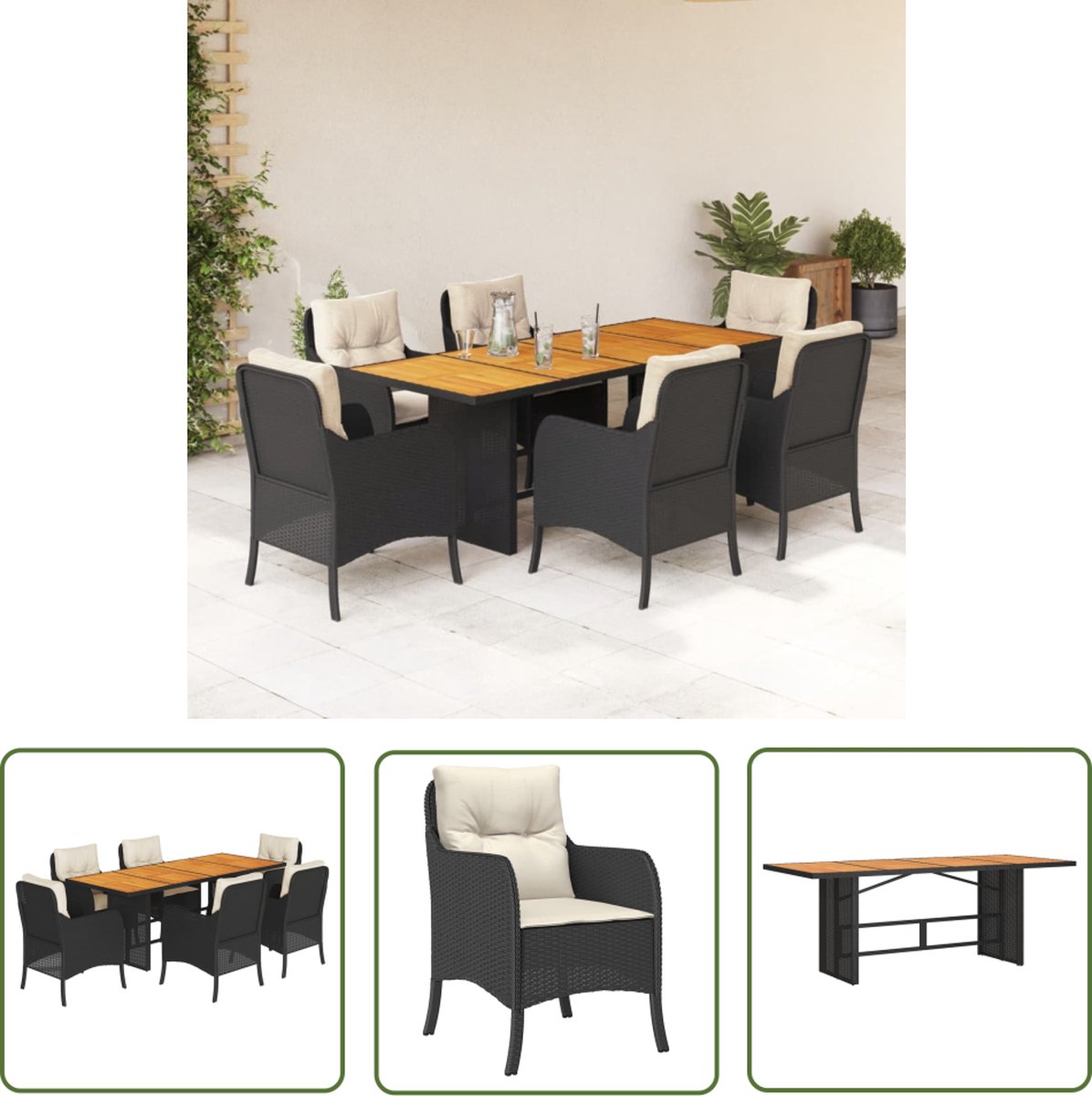 The Living Store 7-delige Tuinset met kussens poly rattan zwart - Tuinsets - Bistroset - Buitendecoratie - Eetkamerset - Lounge Set
