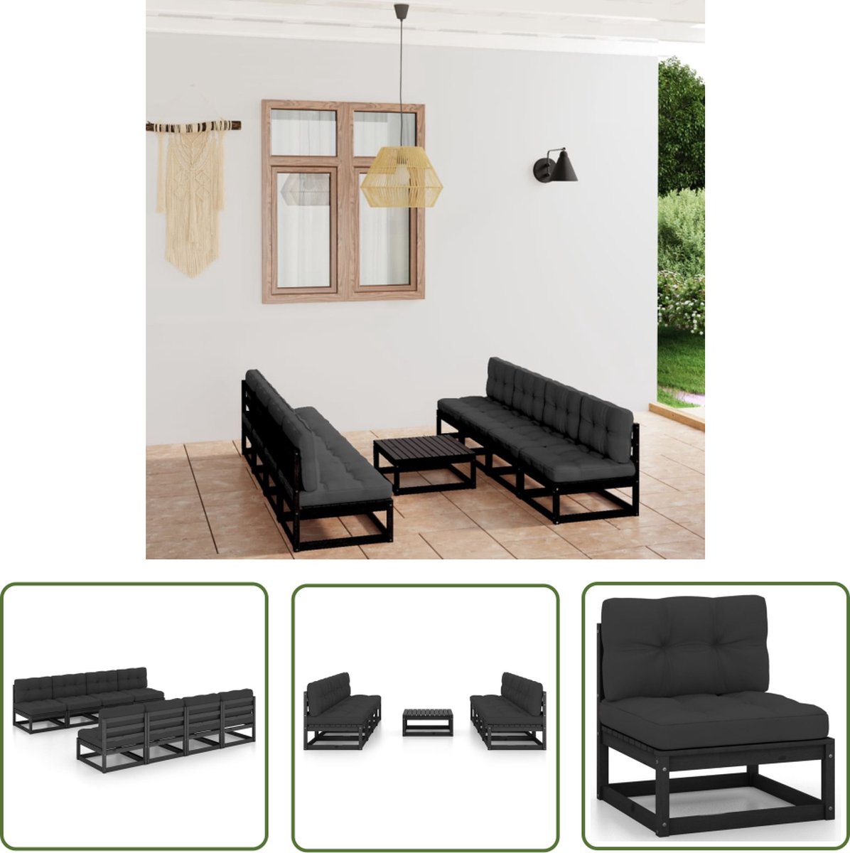 Massief grenenhouten loungeset met kussens - buitenmeubilair in tuinsetting.