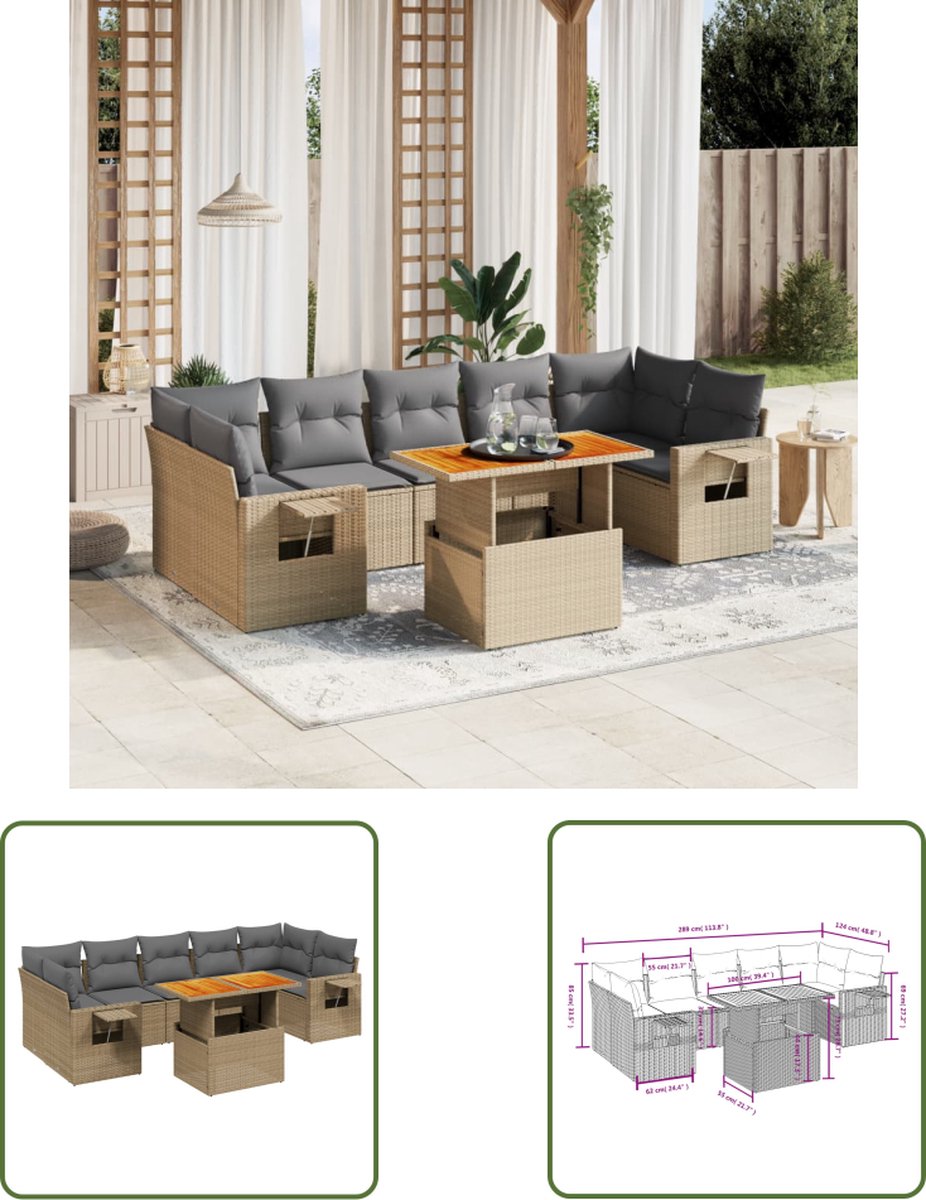 Loungeset van poly rattan in beige, inclusief kussens - Buitendecoratie voor tuin.