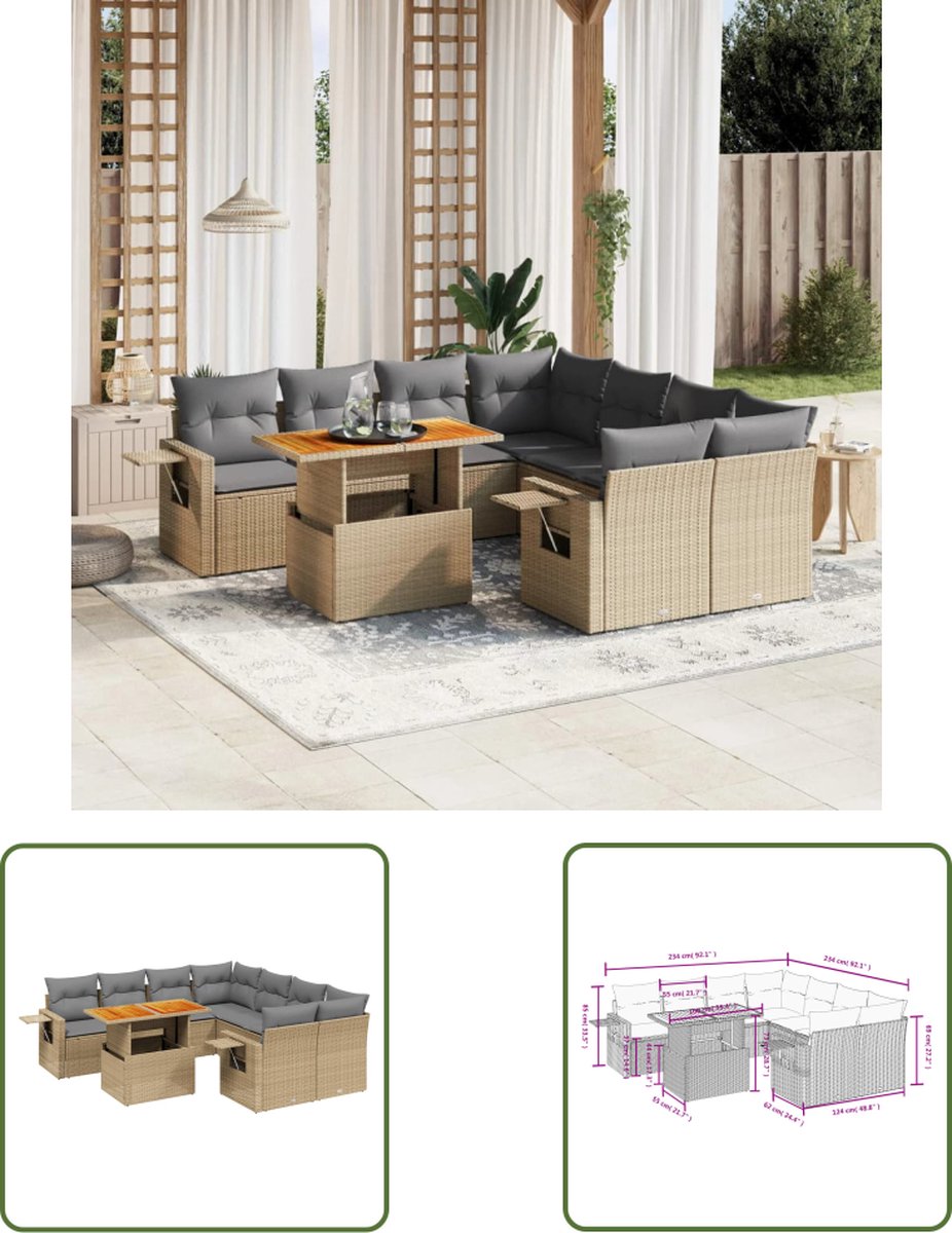 Poly rattan loungeset in beige met kussens voor tuin en terras.