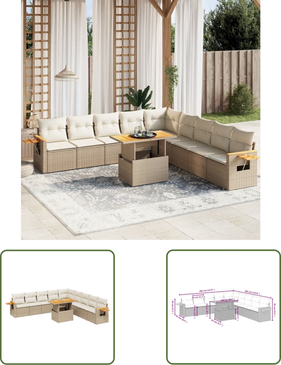 The Living Store 11-delige Tuinset met kussens poly rattan beige - Loungeset - Tuinset - Lounge Set - Tuinmeubels - Pe Rattan
