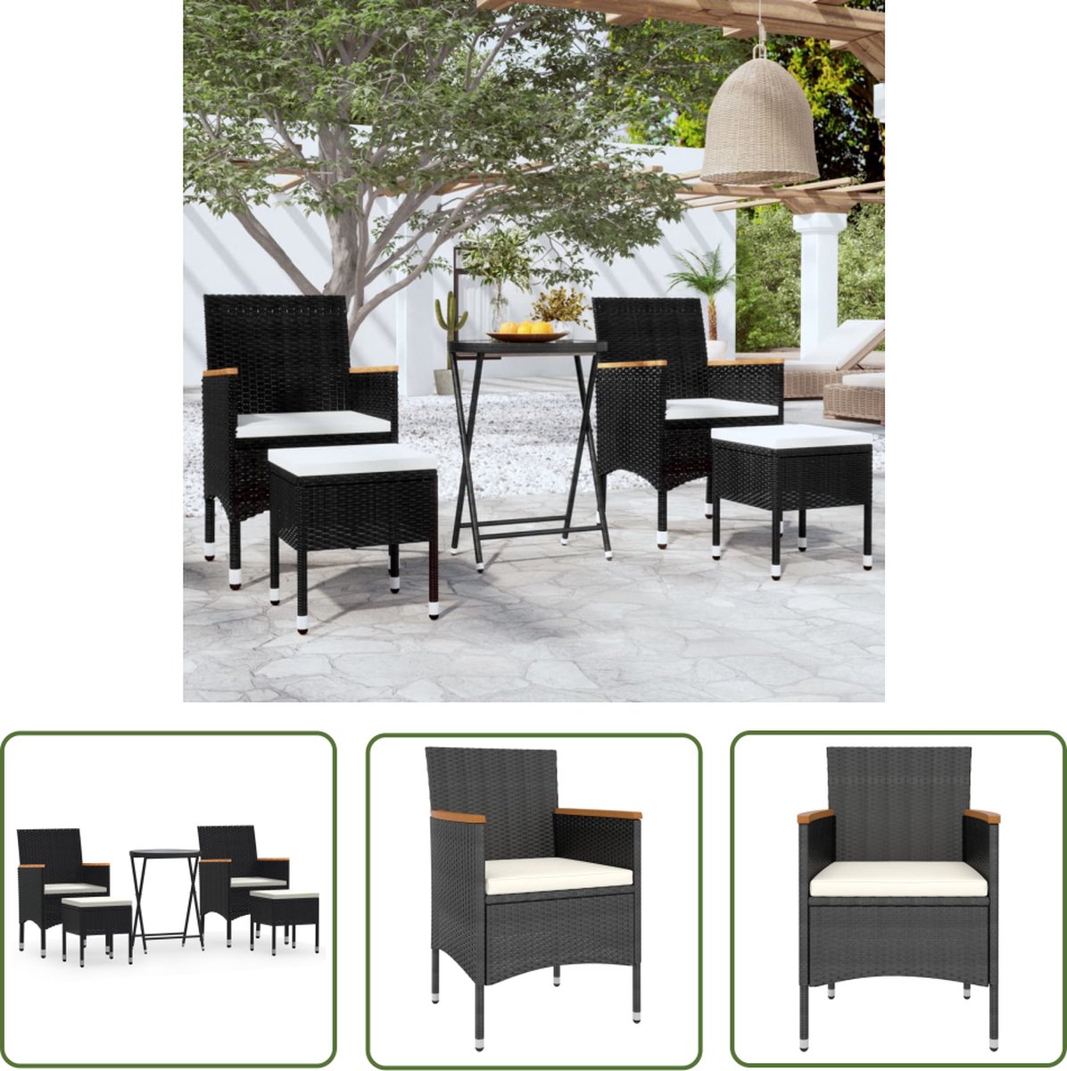 The Living Store 5-delige Bistroset poly rattan en gehard glas zwart - Tuinstoel - Bistroset - Lounge Set - Buitentijd - Buitenleven