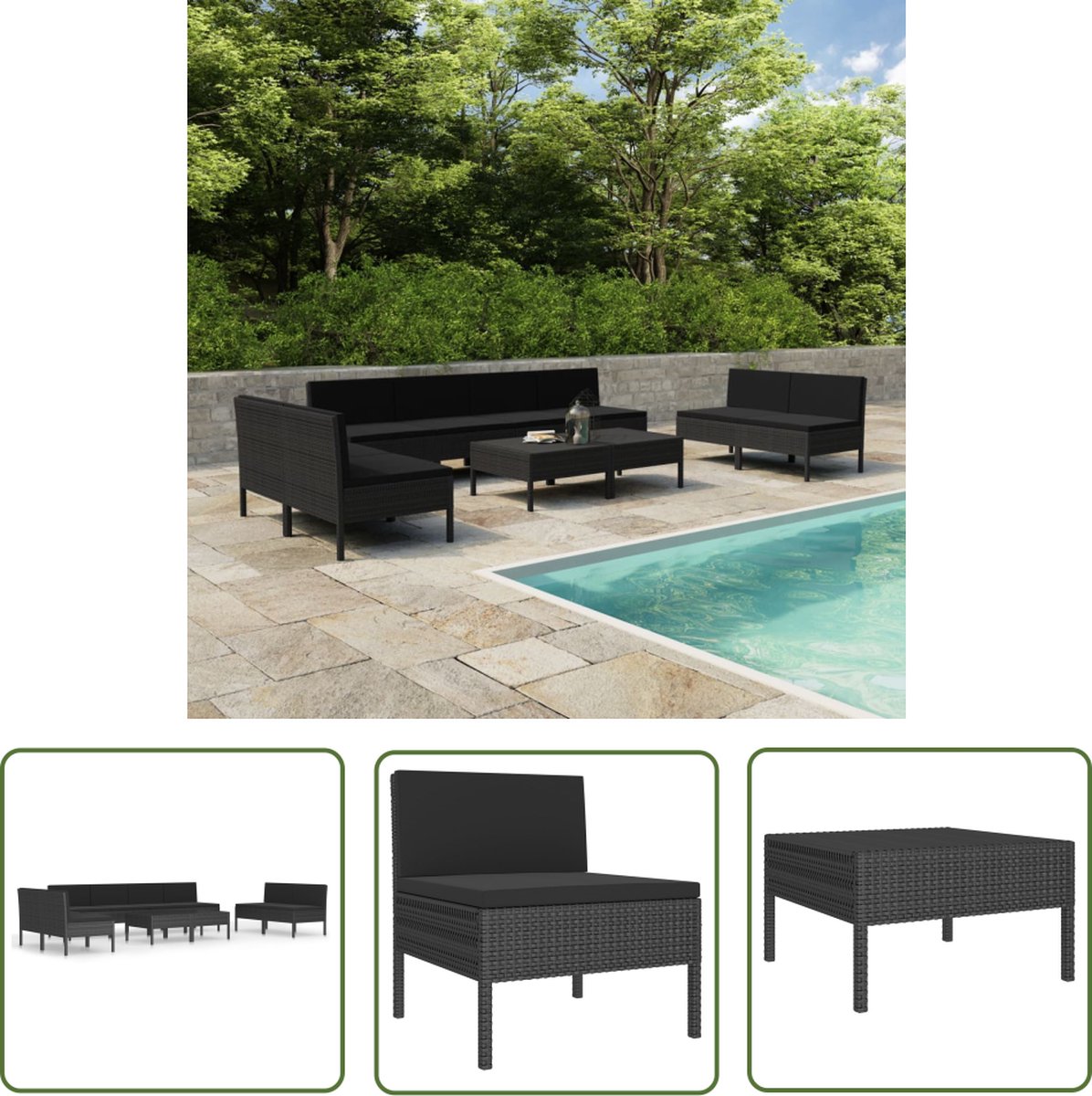 The Living Store 10-delige Loungeset met kussens poly rattan zwart - Loungeset - Tuinset - Tuinmeubilair - Pe Rattan - Outdoor Meubelen