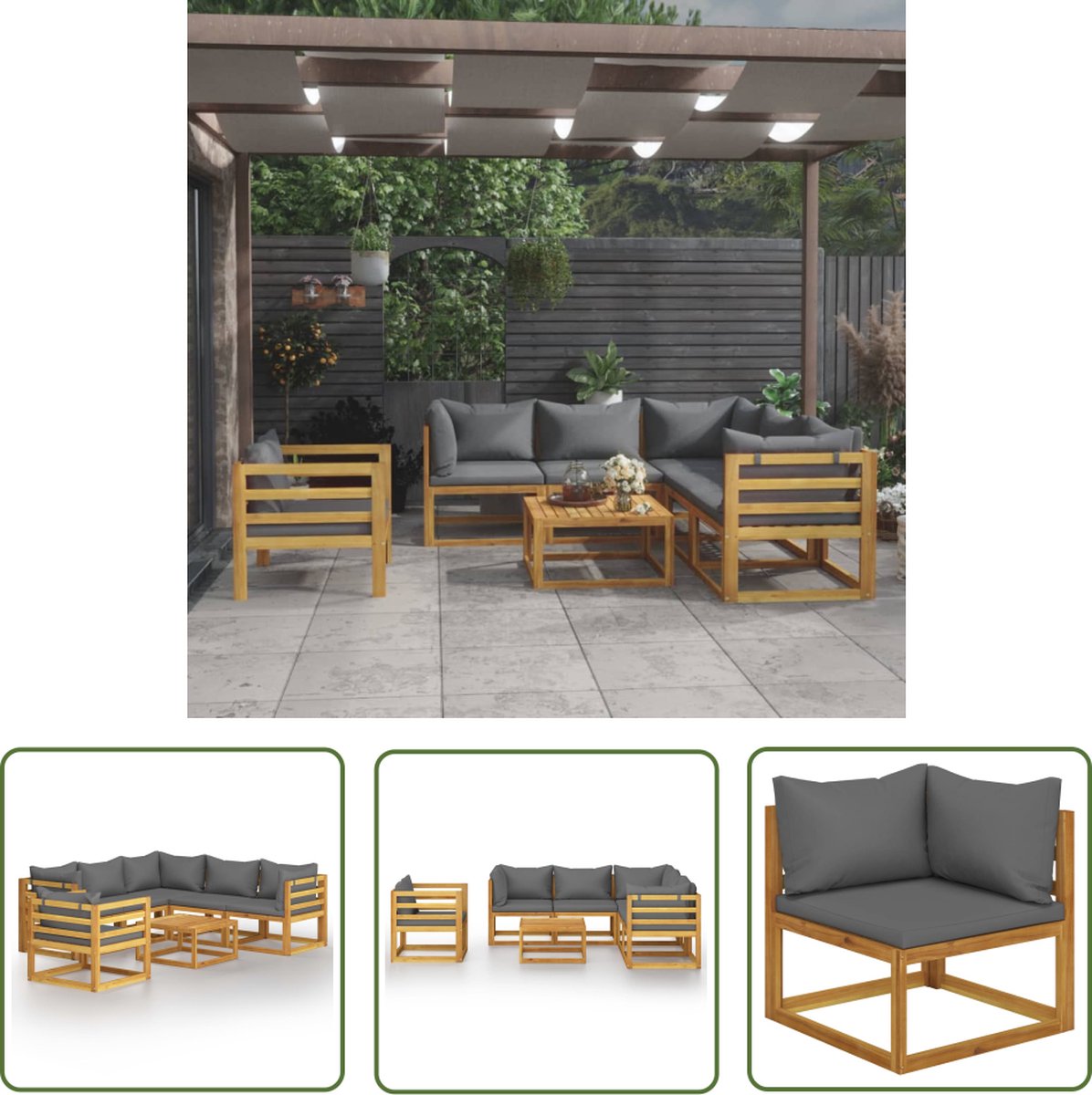 The Living Store 7-delige Loungeset met kussens massief acaciahout - Loungeset - Tuinset - Acacia Hout - Outdoor Meubels - Lounge Stoffen