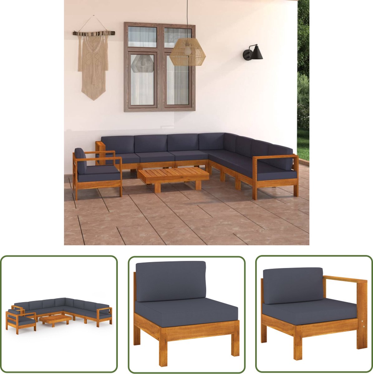 The Living Store 9-delige Loungeset met donkergrijze kussens acaciahout - Loungestoel - Tuinset - Loungebox - Buitendecoratie - Acacia Hout