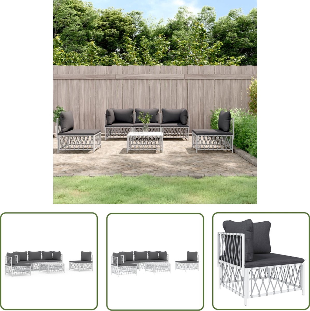 The Living Store 6-delige Loungeset met kussens staal wit - Loungeset - Tuinset - Tuinbank - Lounge Set - Outdoor Furniture
