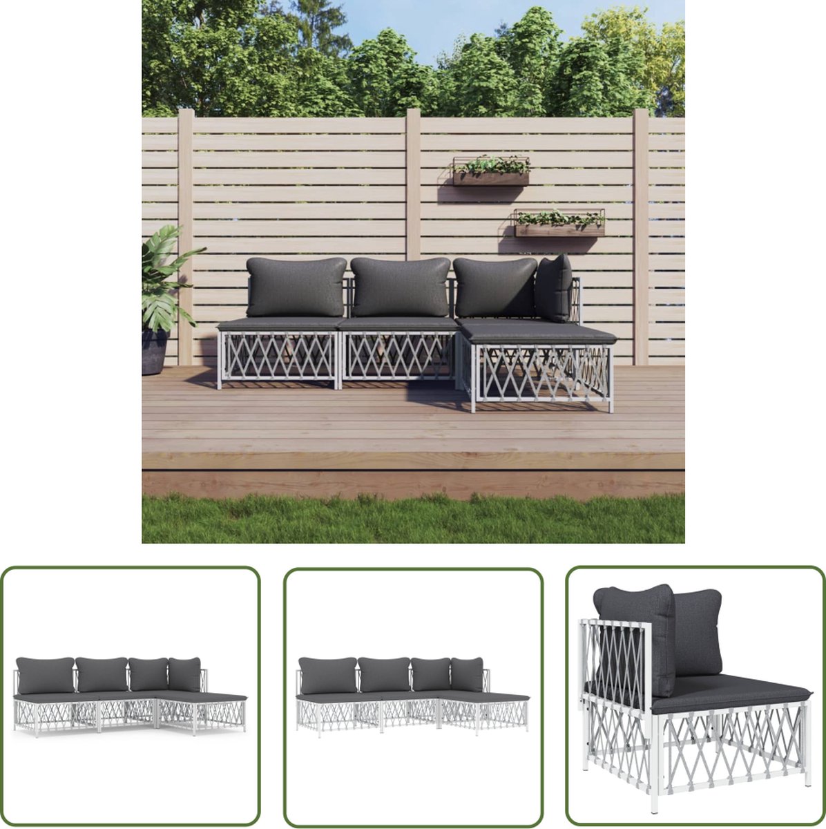The Living Store 4-delige Loungeset met kussens staal wit - Tuin Lounge Set - Loungebank - Tuinset - Outdoor Furniture - Balkonset