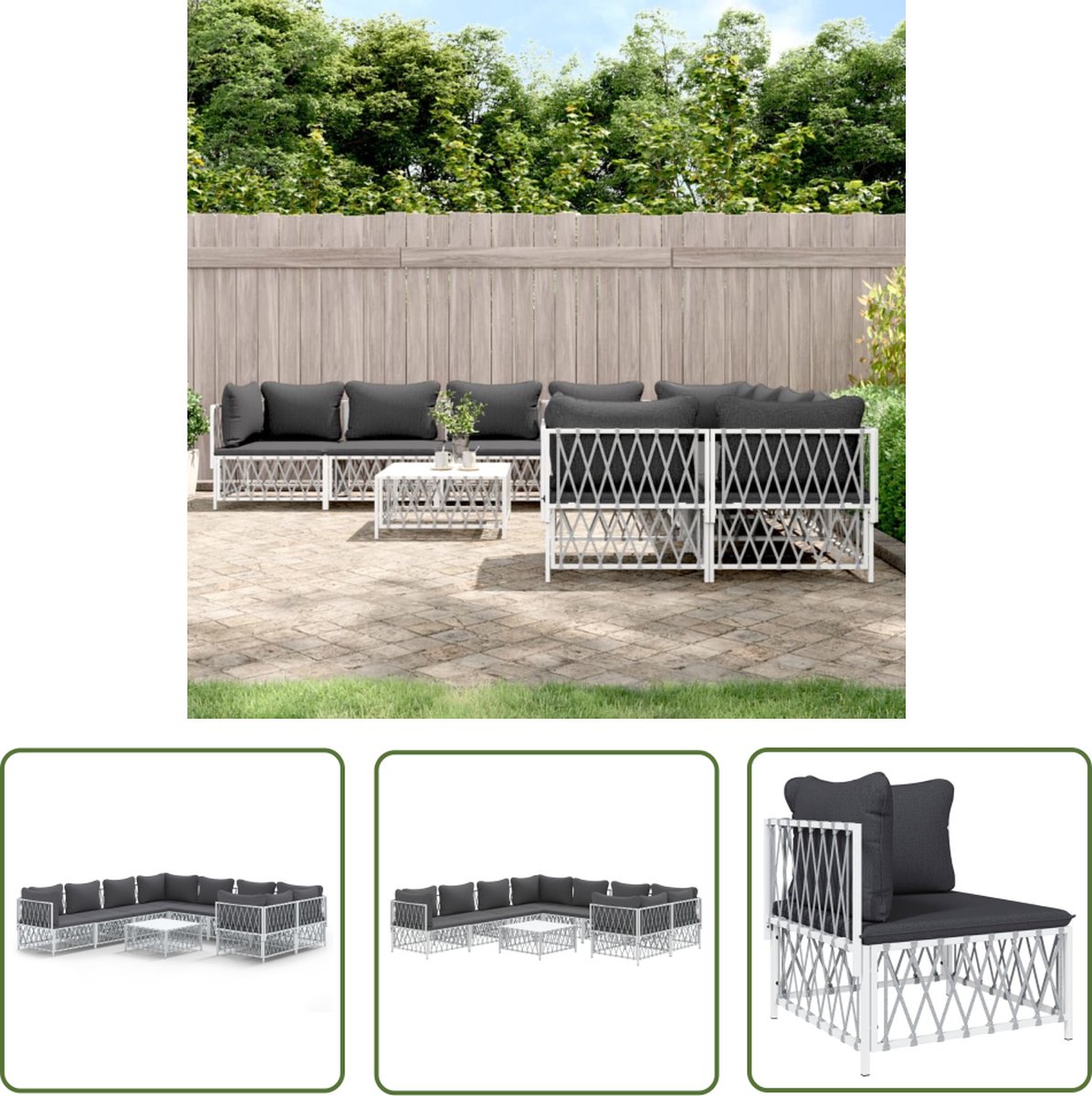 Witte stalen loungeset met kussens voor in de tuin.