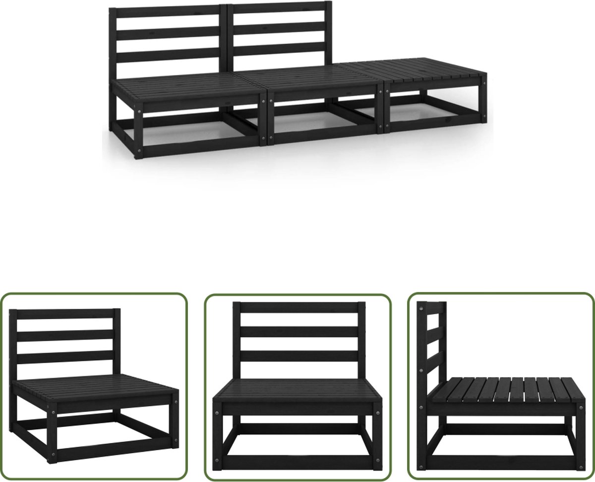 The Living Store 3-delige Loungeset massief grenenhout zwart - Tuin Lounge Set - Houten Loungebank - Zitzakjes - Buitendecoratie - Outdoor Furniture