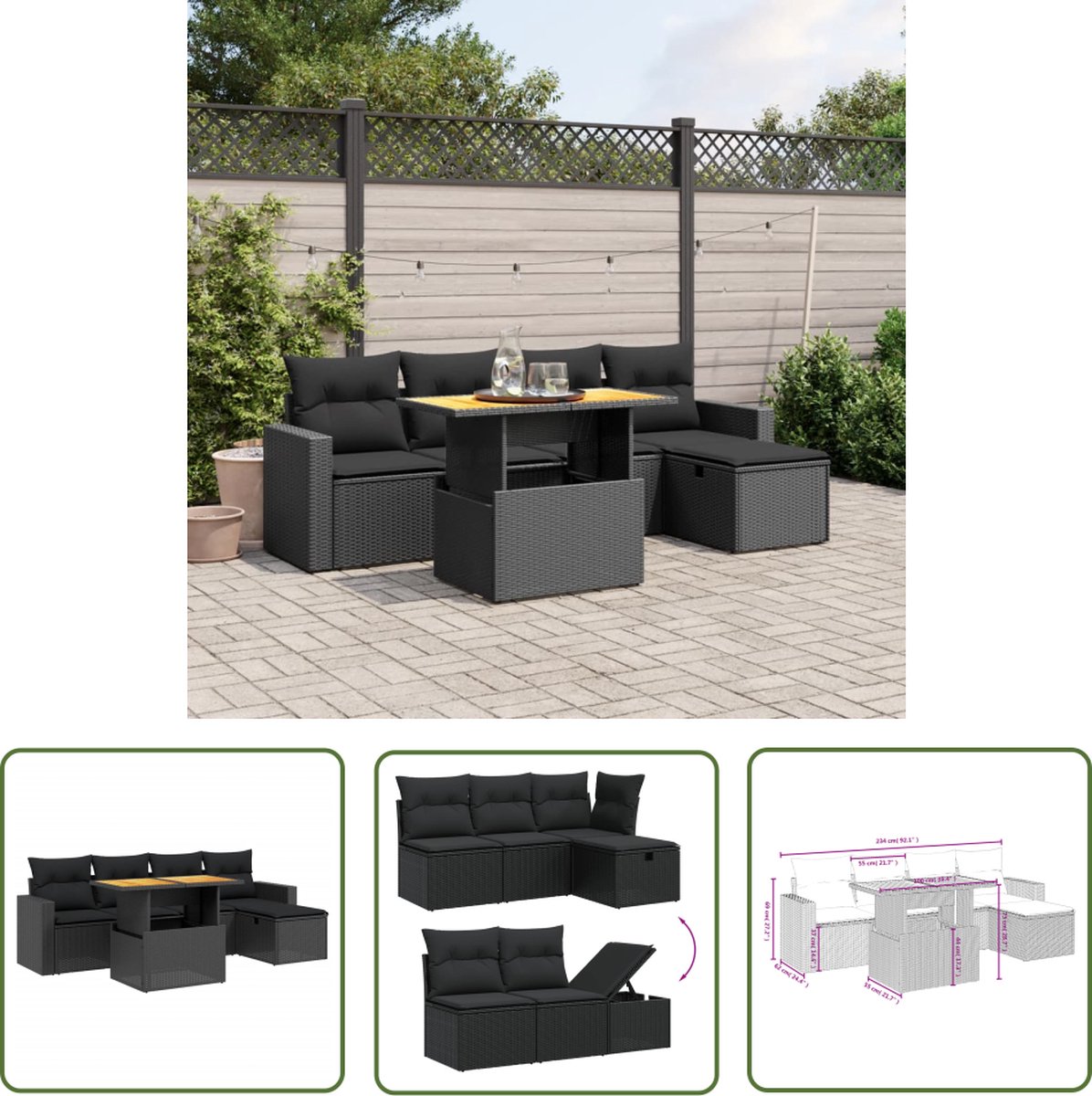 The Living Store 6-delige Loungeset met kussens poly rattan zwart - Loungeset - Tuinmeubels - Lounge Set - Buitendecoratie - Pe Rattan