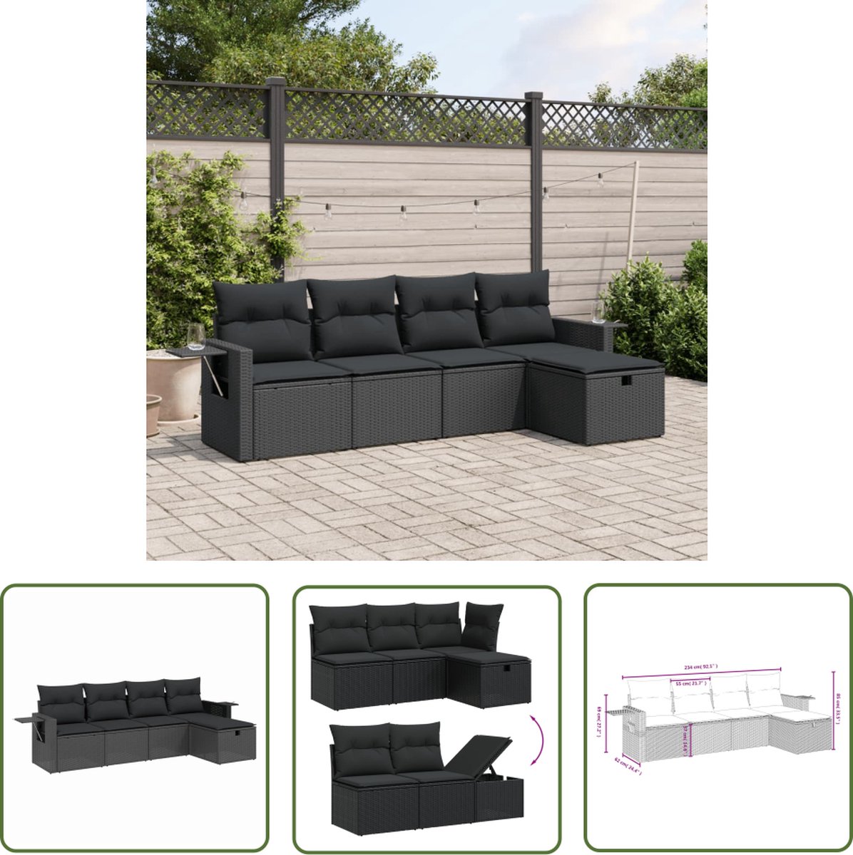 The Living Store 5-delige Loungeset met kussens poly rattan zwart - Loungeset - Tuinset - Lounge - Buitendecoratie - Tuinmeubels