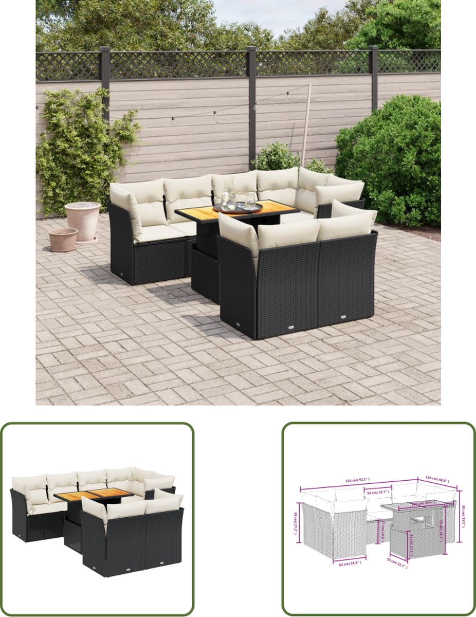 The Living Store 8-delige Loungeset met kussens poly rattan zwart - Loungebank - Tuinset - Lounge Set - Buitendecoratie - Outdoor Furniture