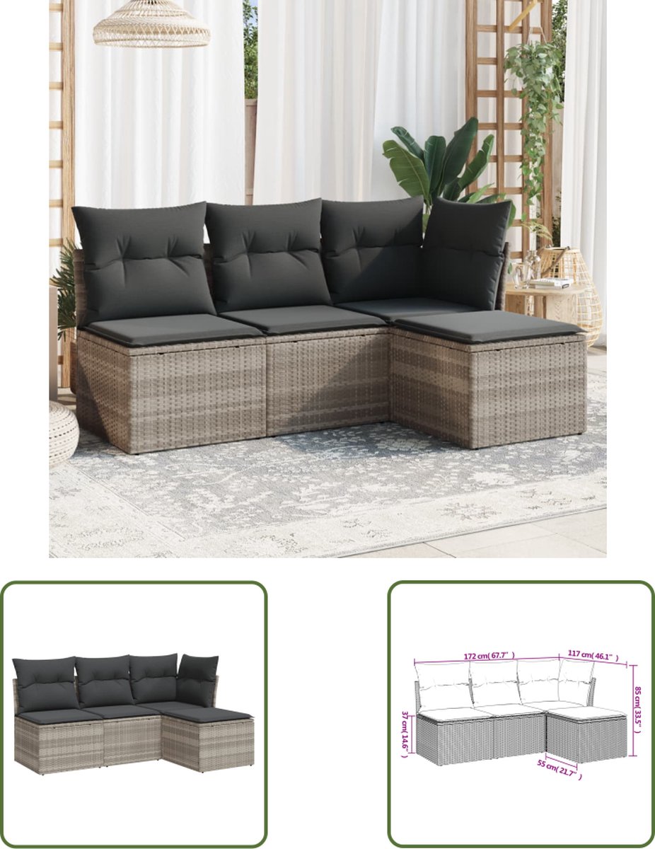 4-delige loungeset met lichtgrijze kussens en poly rattan materiaal.