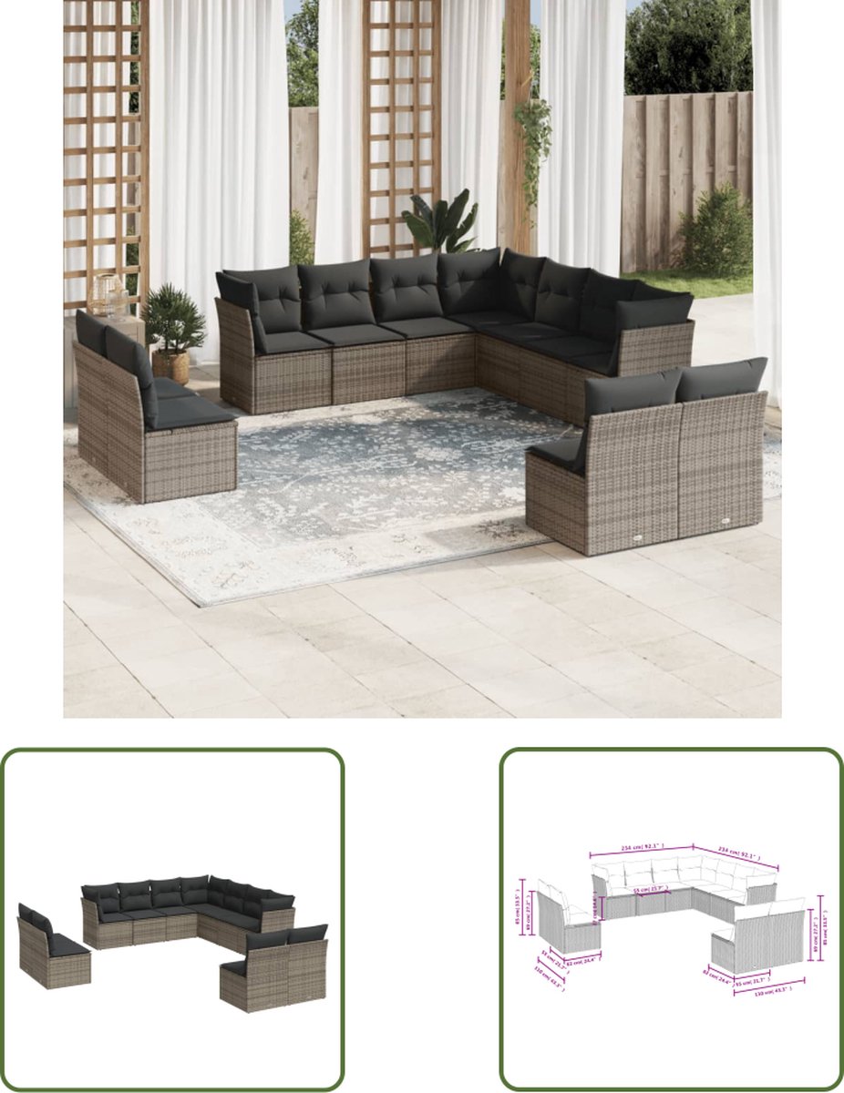 The Living Store 11-delige Loungeset met kussens poly rattan grijs - Loungebank - Tuinset - Lounge Set - Buitendecoratie - Garden Furniture Grijze poly rattan loungeset met kussens - Tuinmeubilair - Buitendecoratie