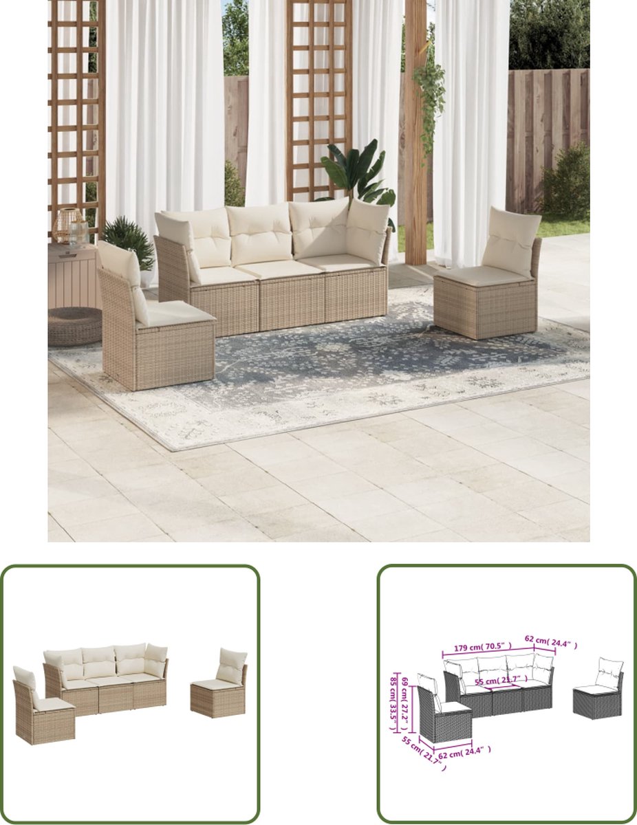 The Living Store 5-delige Loungeset met kussens poly rattan beige - Loungeset - Tuinset - Lounge Bank - Buitendecoratie - Outdoor Furniture