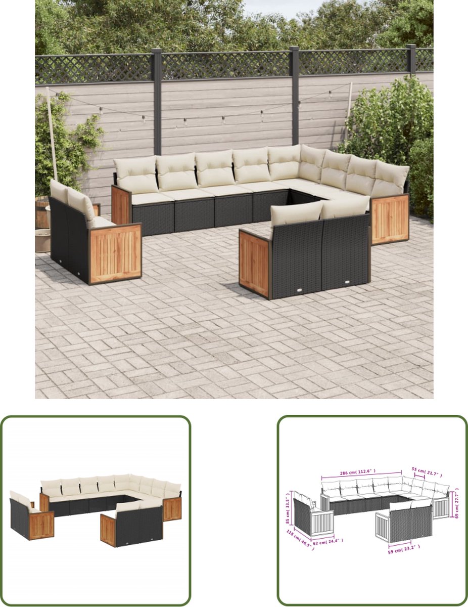 The Living Store 12-delige Loungeset met kussens poly rattan zwart - Loungeset - Tuinset - Lounge Set - Buitendecoratie - Outdoor Furniture
