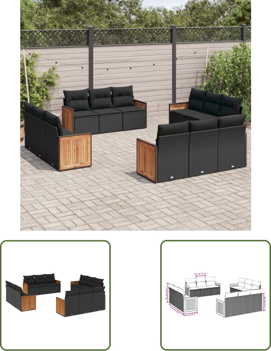 The Living Store 12-delige Loungeset met kussens poly rattan zwart - Loungeset - Tuinset - Lounge - Buitendecoratie - Garden Furniture