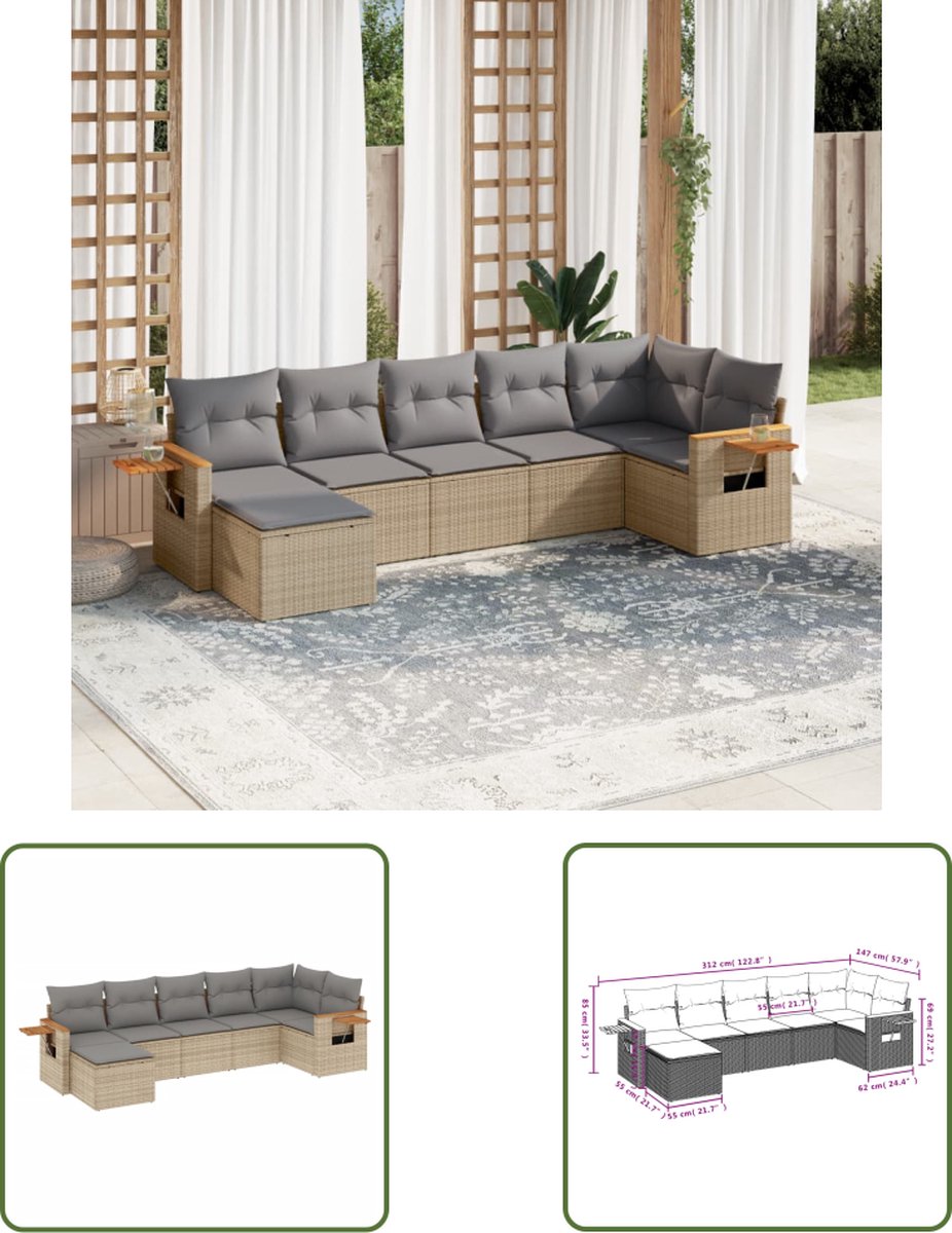 The Living Store 7-delige Loungeset met kussens poly rattan beige - Loungebank - Tuinset - Lounge Set - Tuinmeubels - Outdoor Furniture