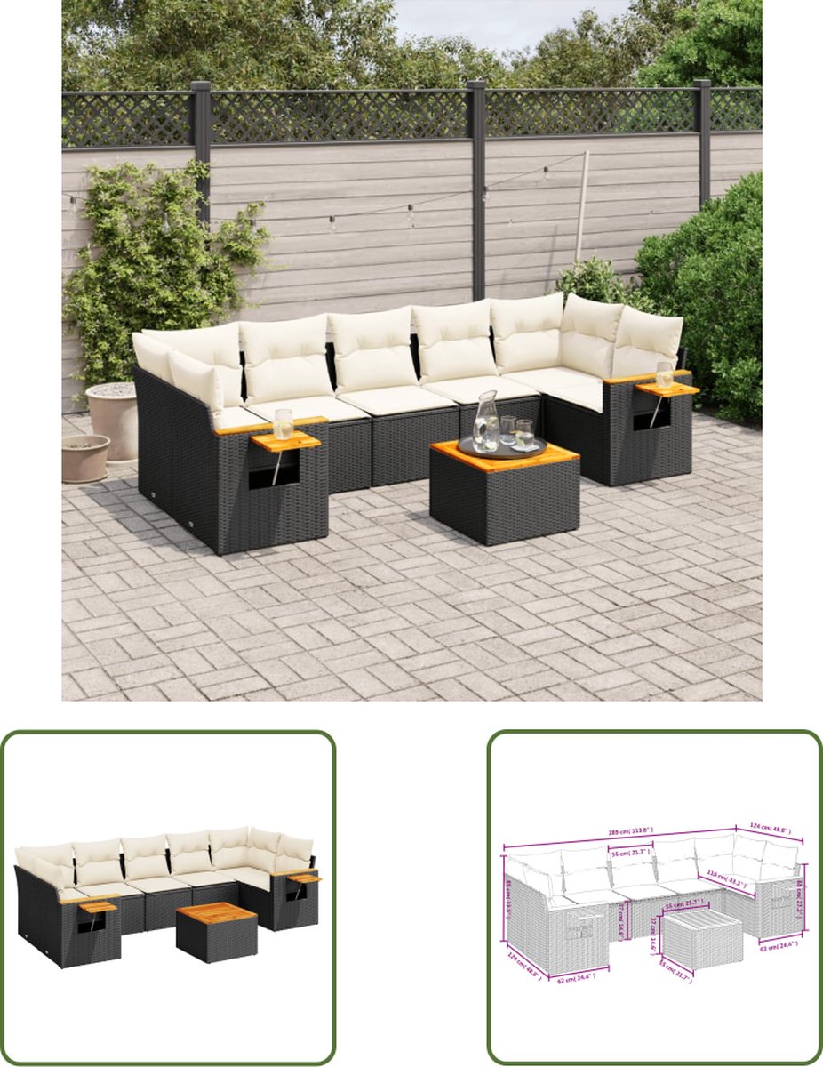 The Living Store 8-delige Loungeset met kussens poly rattan zwart - Loungeset - Tuinset - Lounge Set - Tuinbank - Outdoor Furniture
