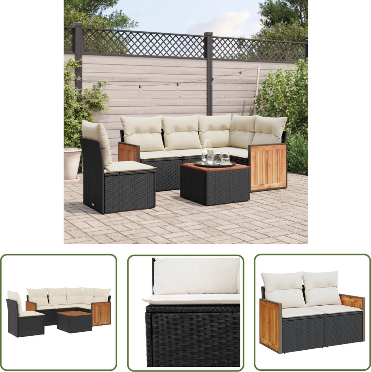 The Living Store 6-delige Loungeset met kussens poly rattan zwart - Loungeset - Lounge Set - Buitendecoratie - Tuinmeubels - Outdoor Furniture