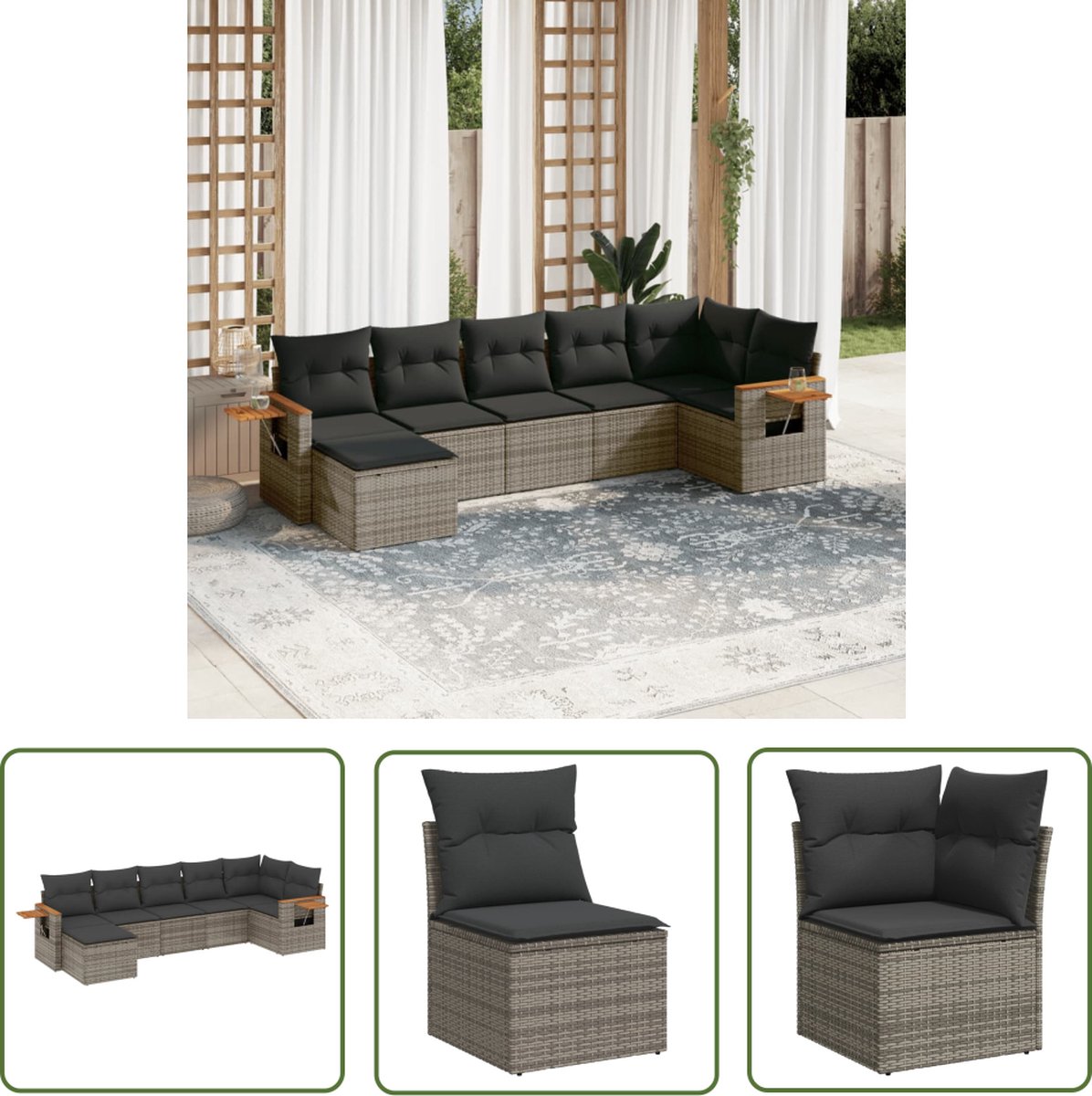 The Living Store 7-delige Loungeset met kussens poly rattan grijs - Loungeset - Tuinset - Lounge - Outdoor Furniture - PE-rattan