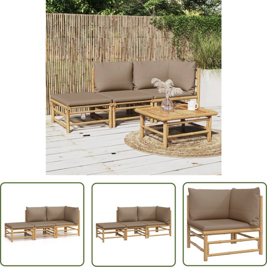 The Living Store 3-delige Loungeset met kussens bamboe taupe - Bamboe Lounge Set - Loungestoel - Buis Meubel - Outdoor Furniture - Tuin Bank