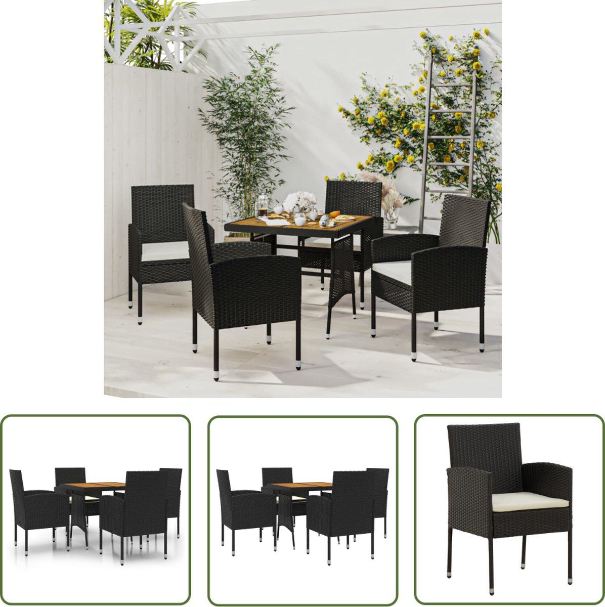 The Living Store 5-delige Tuinset poly rattan zwart - Tuinstoel - Tuintafel - Lounge Set - Buitendecor - Outdoor Furniture