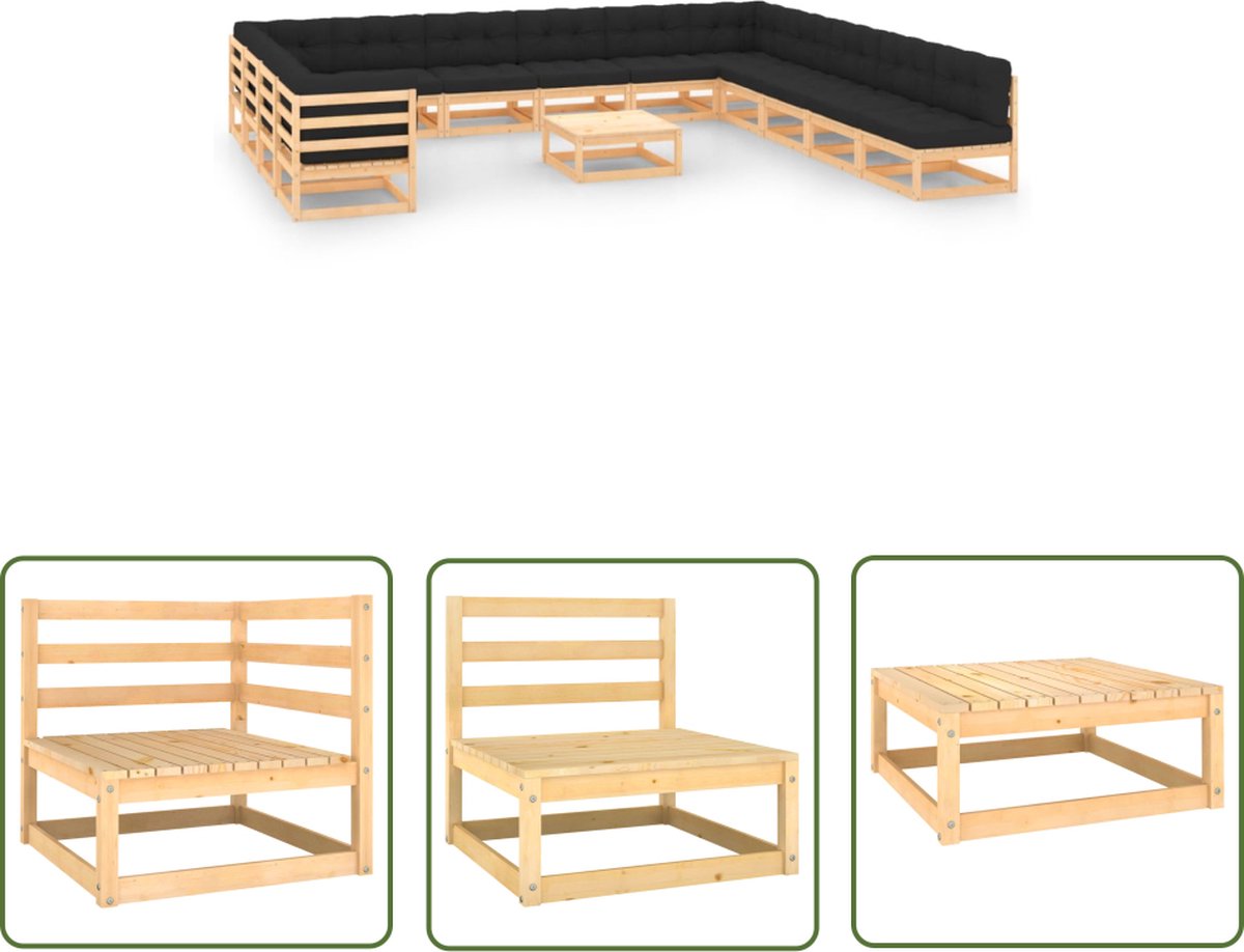 Loungeset van The Living Store met antracietkleurige kussens en grenenhout.